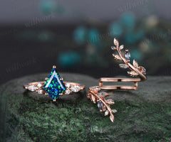 Kite cut black opal engagement ring set 14k 18k rose gold leaf alexandrite diamond wedding band enhancer unique bridal ring set women