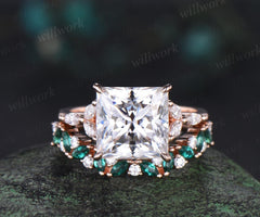 4ct princess cut moissanite engagement ring set rose gold stacking marquise emerald wedding promise ring set women jewelry