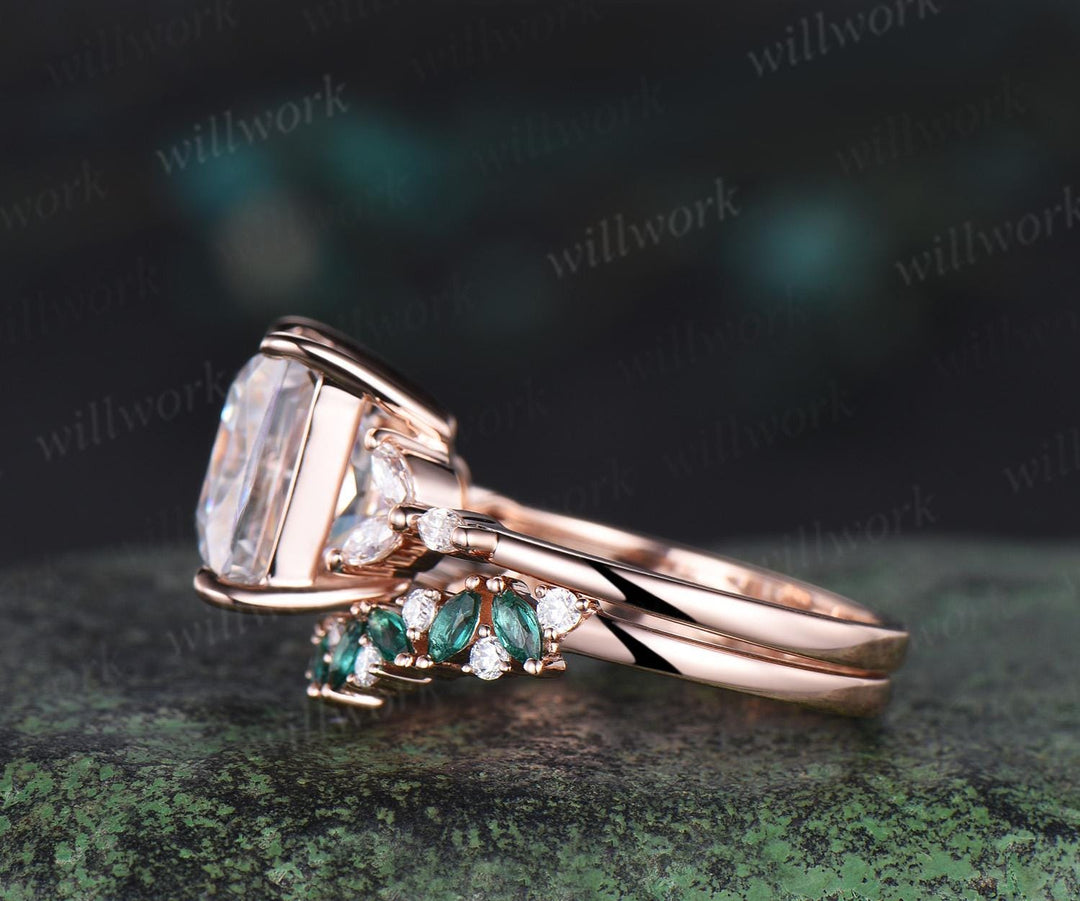 4ct princess cut moissanite engagement ring set rose gold stacking marquise emerald wedding promise ring set women jewelry