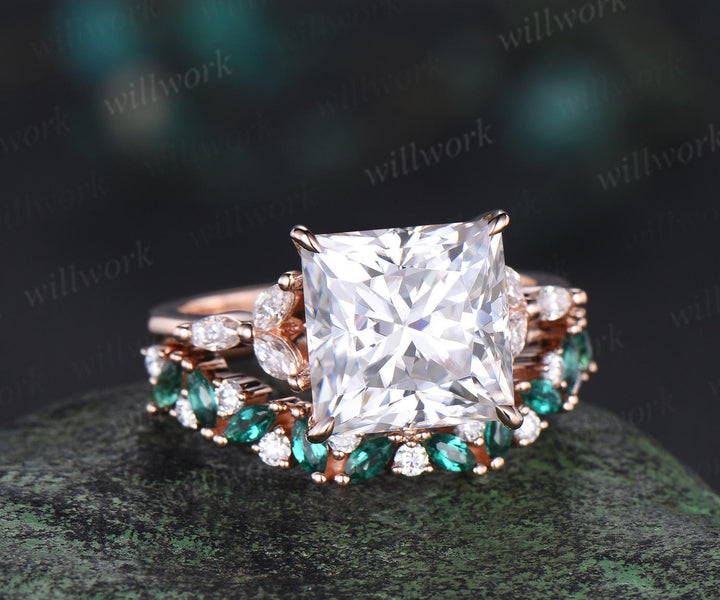 4ct princess cut moissanite engagement ring set rose gold stacking marquise emerald wedding promise ring set women jewelry