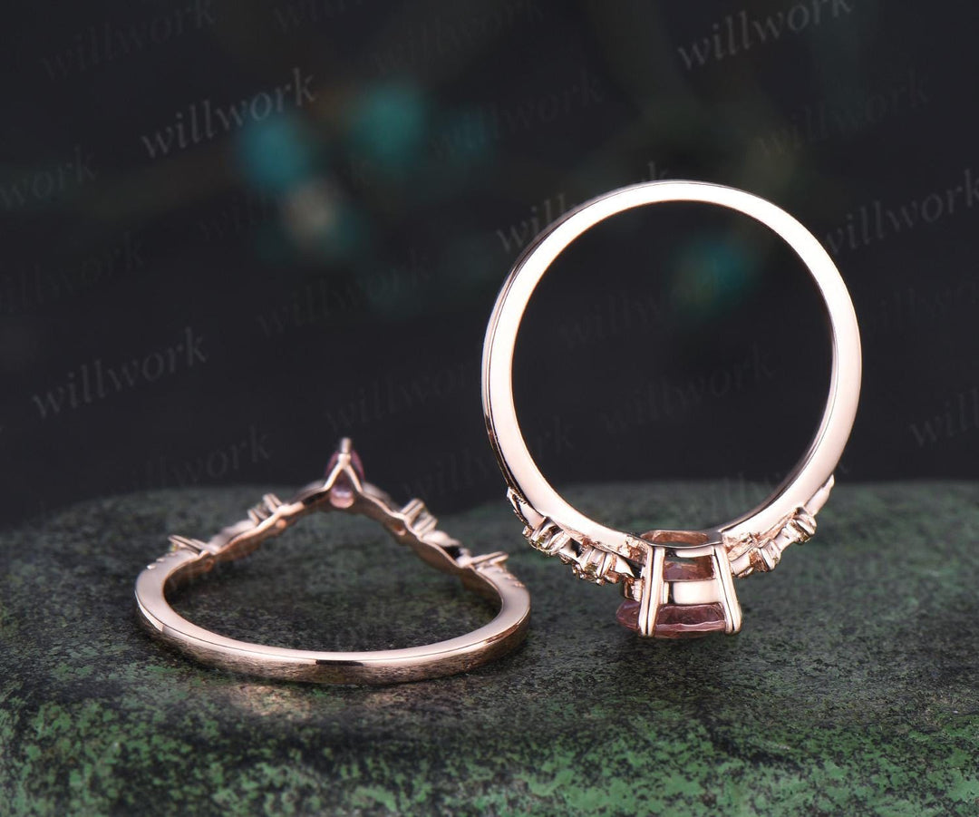 Teardrop pear cut natural pink tourmaline engagement ring set solid 14k rose gold floral leaf peridot ring vintage promise ring her jewelry