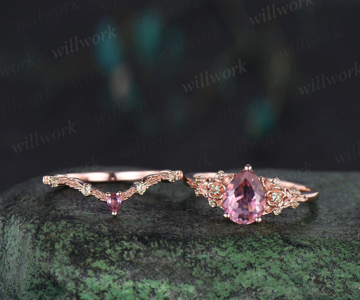 Teardrop pear cut natural pink tourmaline engagement ring set solid 14k rose gold floral leaf peridot ring vintage promise ring her jewelry