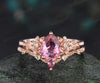 Teardrop pear cut natural pink tourmaline engagement ring set solid 14k rose gold floral leaf peridot ring vintage promise ring her jewelry