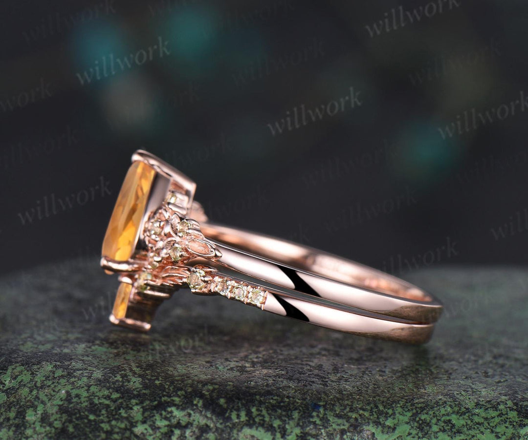 Teardrop pear cut yellow citrine engagement ring set solid 14k rose gold floral leaf nature inspired peridot ring vintage anniversary gift