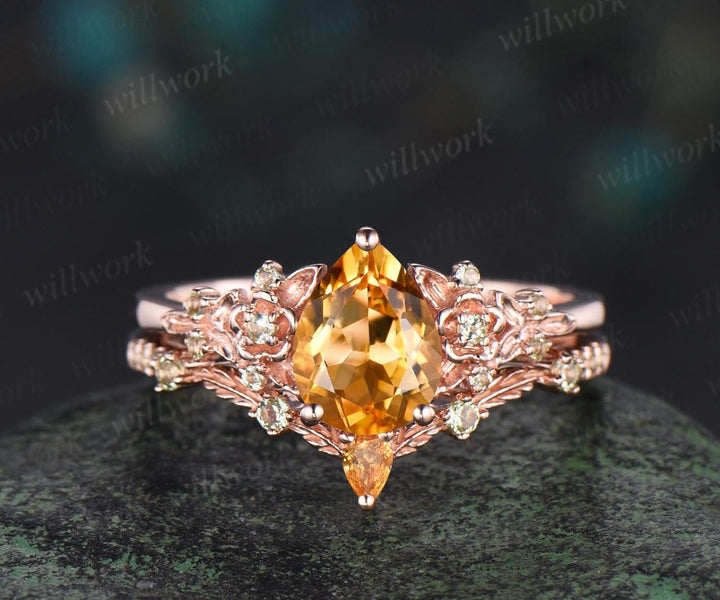 Teardrop pear cut yellow citrine engagement ring set solid 14k rose gold floral leaf nature inspired peridot ring vintage anniversary gift