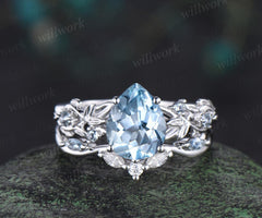 Pear shaped Aquamarine ring leaf infinity nature inspired engagement ring set 18k white gold stackable promise wedding ring set jewelry