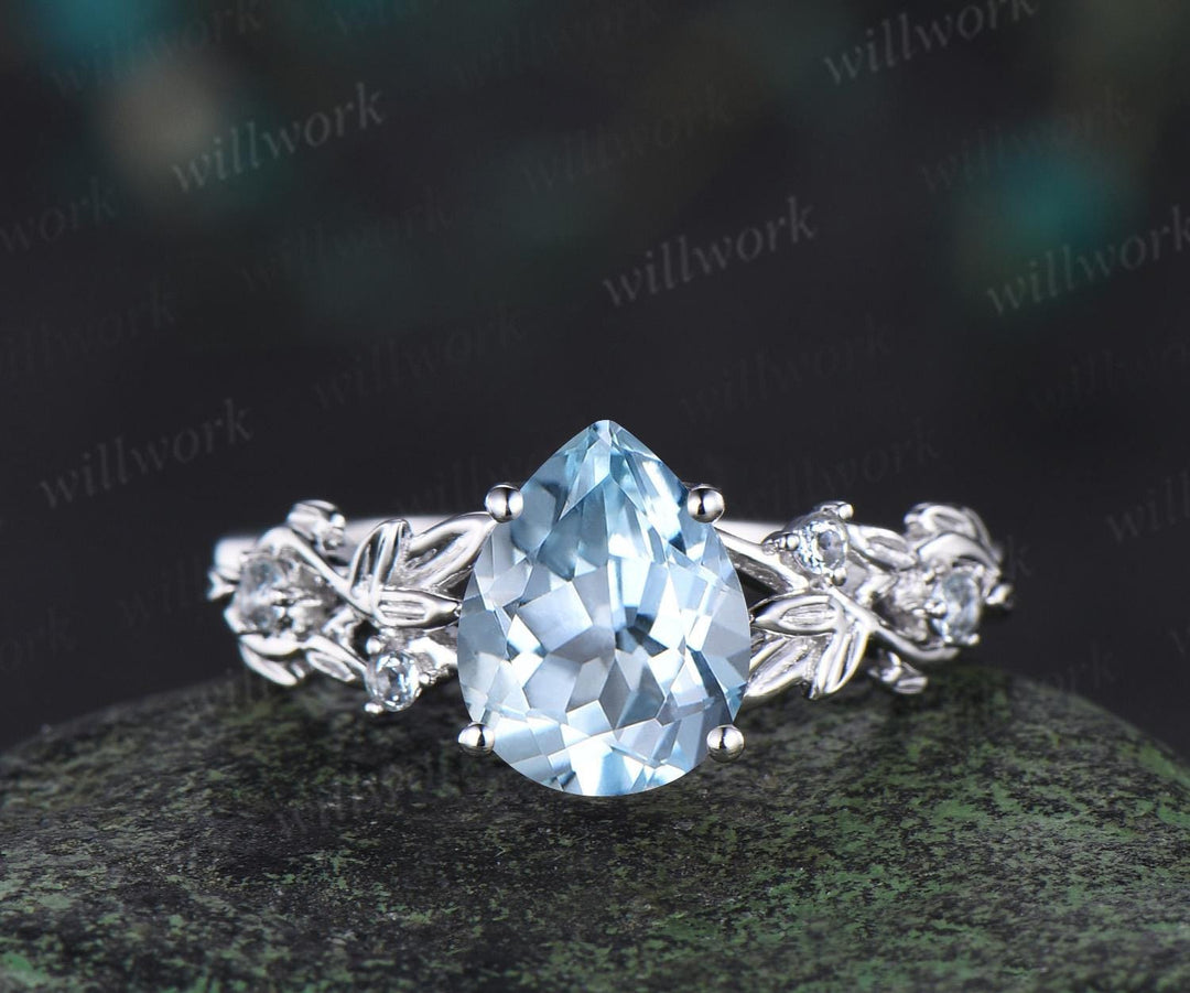 Pear shaped Aquamarine ring leaf infinity nature inspired engagement ring set 18k white gold stackable promise wedding ring set jewelry