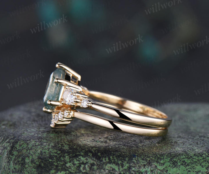 Unique hexagon cut moss agate engagement ring set five stone moissanite yellow gold ring women stackable promise ring her gift