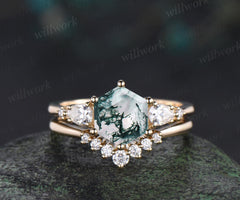 Unique hexagon cut moss agate engagement ring set five stone moissanite yellow gold ring women stackable promise ring her gift
