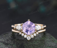 Unique hexagon cut Lavender Amethyst engagement ring set five stone moissanite yellow gold ring women matching wedding ring her gift
