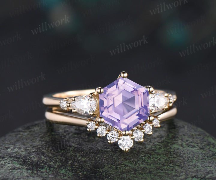 Unique hexagon cut Lavender Amethyst engagement ring set five stone moissanite yellow gold ring women matching wedding ring her gift