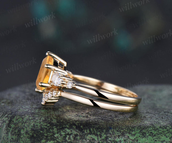 Unique hexagon cut yellow citrine engagement ring set five stone moissanite gold ring women matching wedding ring her gift silver