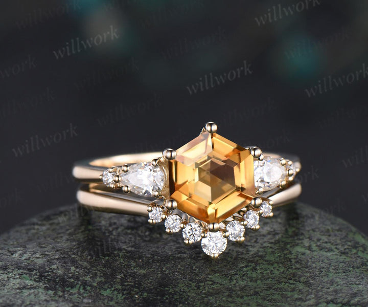 Unique hexagon cut yellow citrine engagement ring set five stone moissanite gold ring women matching wedding ring her gift silver