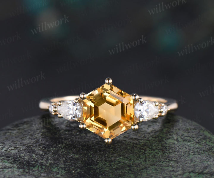 Unique hexagon cut yellow citrine engagement ring set five stone moissanite gold ring women matching wedding ring her gift silver
