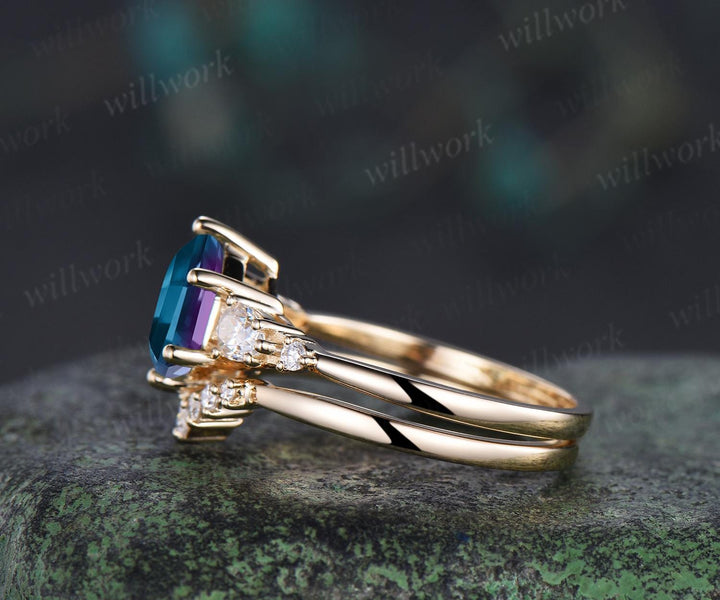 Unique hexagon cut Alexandrite engagement ring set solid 18k yellow gold 6 prong wedding ring set women June birthstone ring silver