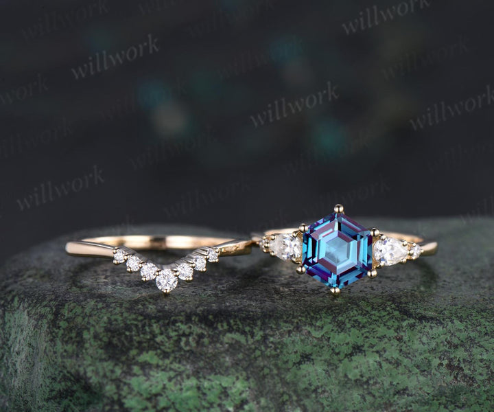 Unique hexagon cut Alexandrite engagement ring set solid 18k yellow gold 6 prong wedding ring set women June birthstone ring silver