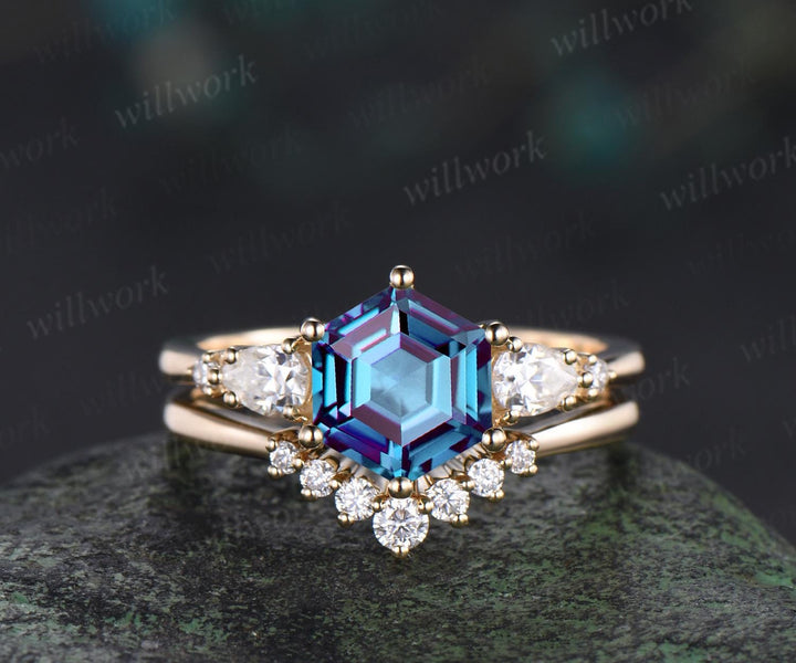 Unique hexagon cut Alexandrite engagement ring set solid 18k yellow gold 6 prong wedding ring set women June birthstone ring silver