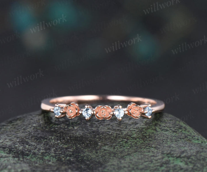 Dainty flower Aquamarine wedding band solid 14k rose gold stacking unique vintage floral ring women handmade anniversary ring gift