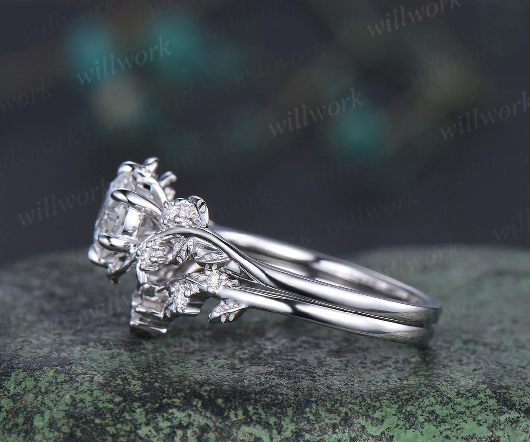 Vintage 1ct round cut moissanite IGI lab grown diamond ring nature inspired leaf engagement ring set women 14k white gold wedding ring women