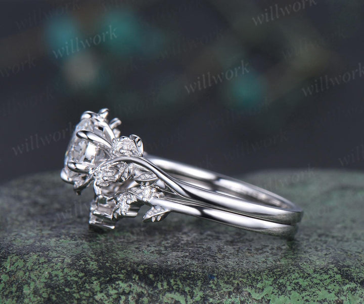 Vintage 1ct round cut moissanite IGI lab grown diamond ring nature inspired leaf engagement ring set women 14k white gold wedding ring women