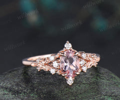 Oval cut pink morganite ring vintage leaf cluster nature inspired engagement ring 14k rose gold unique diamond promise ring women