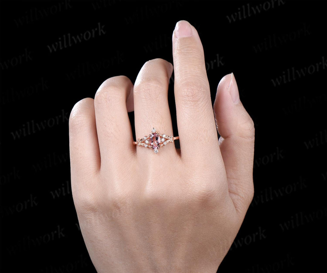 Oval cut pink morganite ring vintage leaf cluster nature inspired engagement ring 14k rose gold unique diamond promise ring women