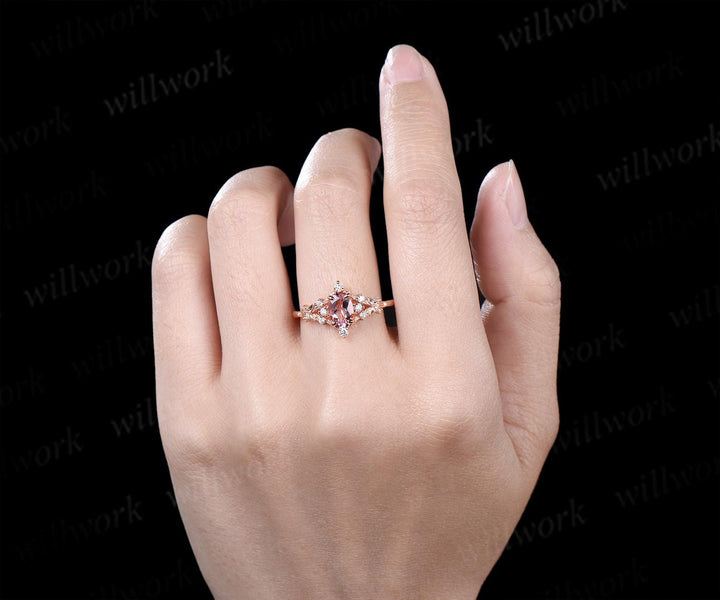 Oval cut pink morganite ring vintage leaf cluster nature inspired engagement ring 14k rose gold unique diamond promise ring women
