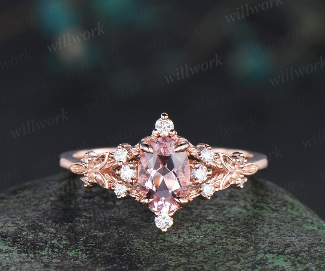 Oval cut pink morganite ring vintage leaf cluster nature inspired engagement ring 14k rose gold unique diamond promise ring women