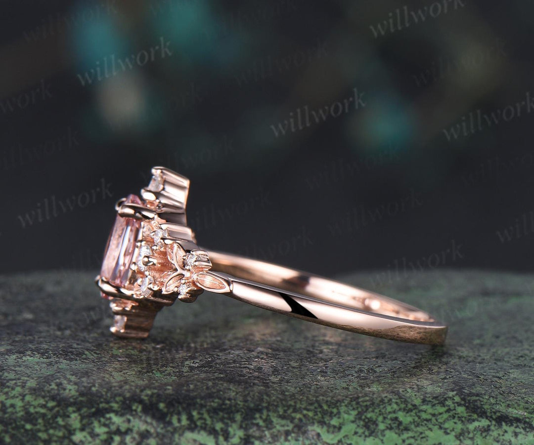 Oval cut pink morganite ring vintage leaf cluster nature inspired engagement ring 14k rose gold unique diamond promise ring women