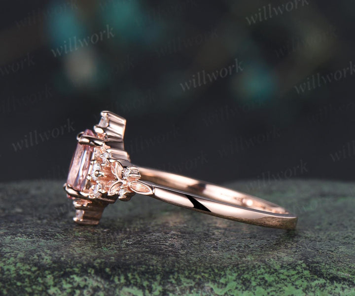 Oval cut pink morganite ring vintage leaf cluster nature inspired engagement ring 14k rose gold unique diamond promise ring women