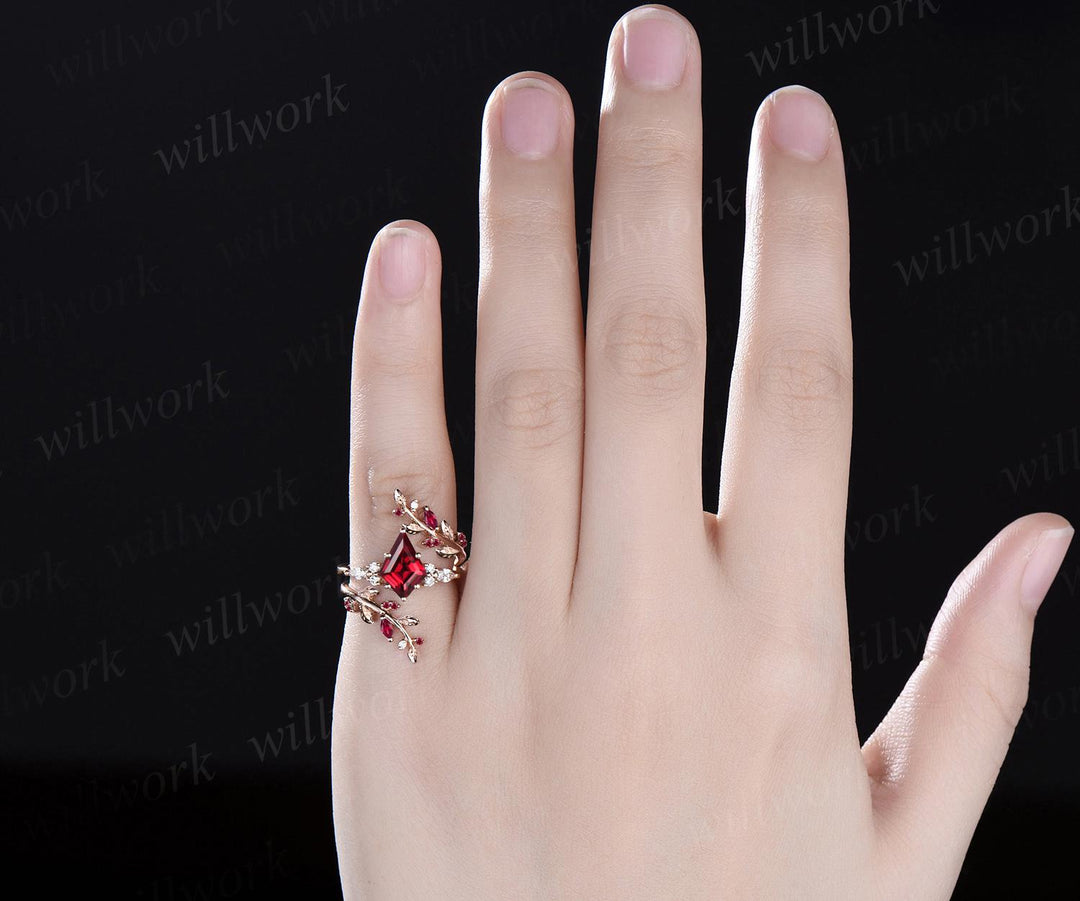 Kite cut red ruby engagement ring set 14k rose gold leaf diamond wedding band enhancer unique wedding ring set women July birthstone ring