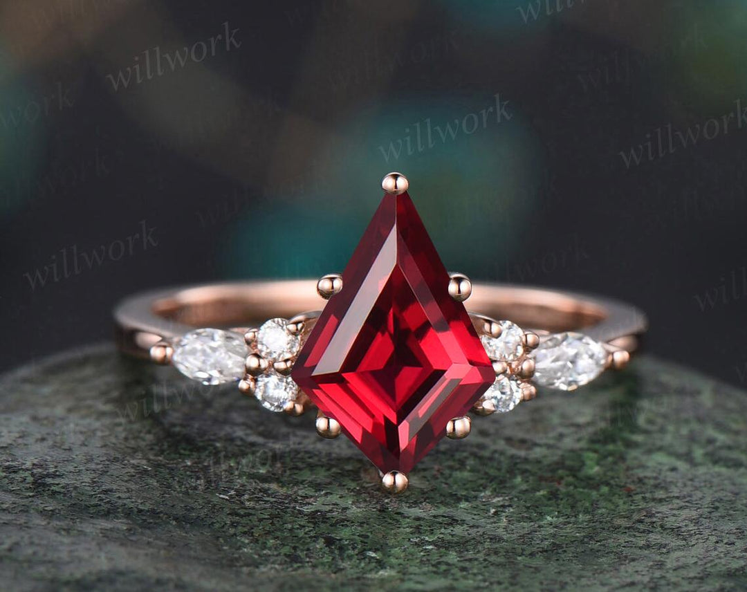 Kite cut red ruby engagement ring set 14k rose gold leaf diamond wedding band enhancer unique wedding ring set women July birthstone ring