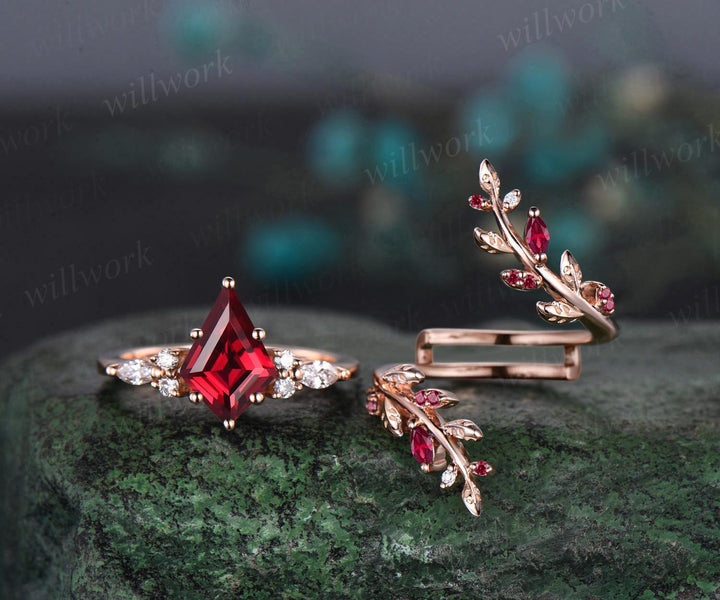 Kite cut red ruby engagement ring set 14k rose gold leaf diamond wedding band enhancer unique wedding ring set women July birthstone ring