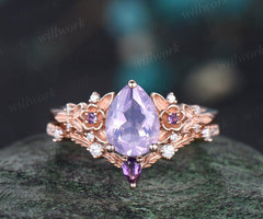 Pear cut Lavender Amethyst ring rose gold leaf floral unique engagement ring set February birthstone ring silver crystal ring