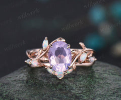 Oval cut Lavender Amethyst ring vintage five stone opal ring rose gold leaf nature inspired engagement ring crystal wedding ring set women