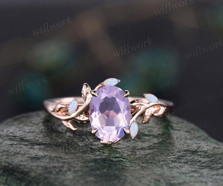 Oval cut Lavender Amethyst ring vintage five stone opal ring rose gold leaf nature inspired engagement ring crystal wedding ring set women