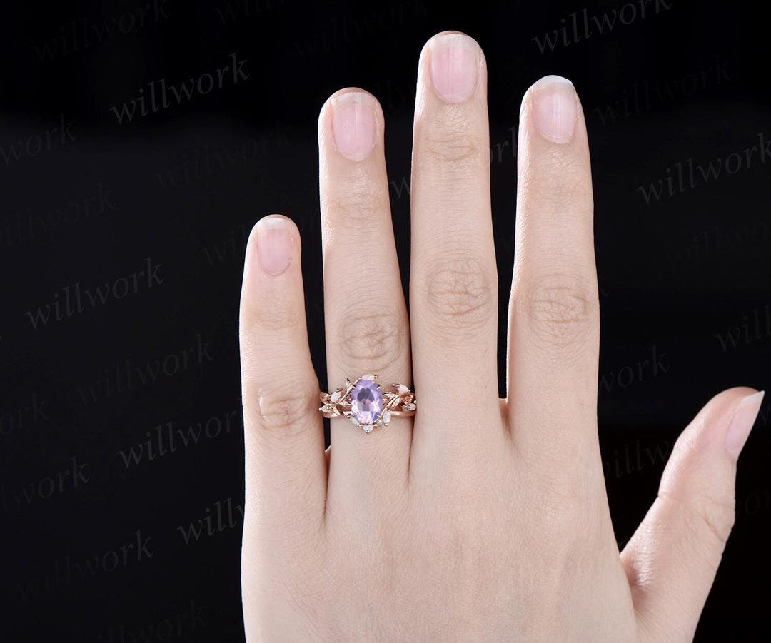 Oval cut Lavender Amethyst ring vintage five stone opal ring rose gold leaf nature inspired engagement ring crystal wedding ring set women
