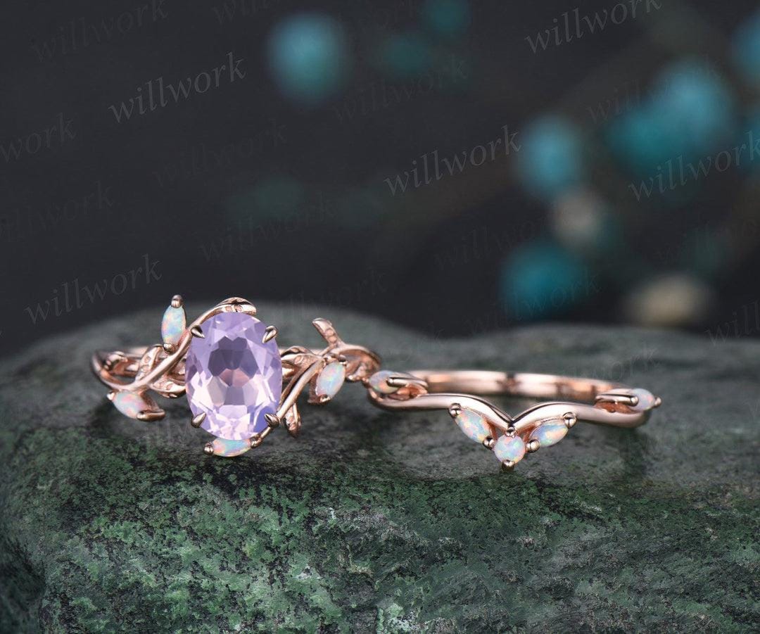 Oval cut Lavender Amethyst ring vintage five stone opal ring rose gold leaf nature inspired engagement ring crystal wedding ring set women