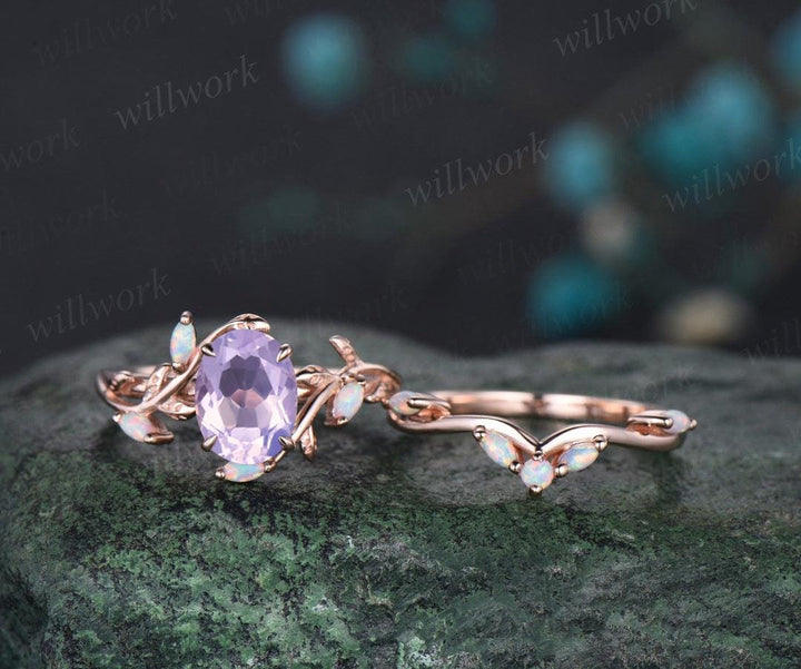 Oval cut Lavender Amethyst ring vintage five stone opal ring rose gold leaf nature inspired engagement ring crystal wedding ring set women