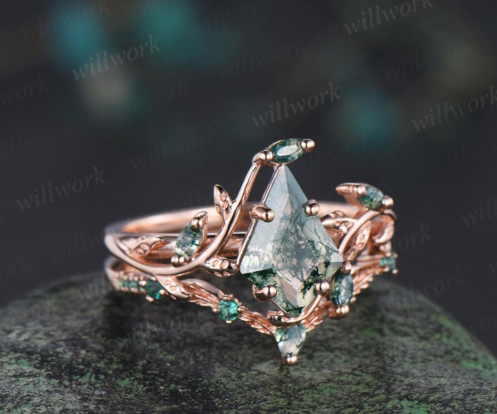7x10mm kite shaped natural moss agate ring rose gold leaf nature inspired engagement wedding ring set emerald bridal set women