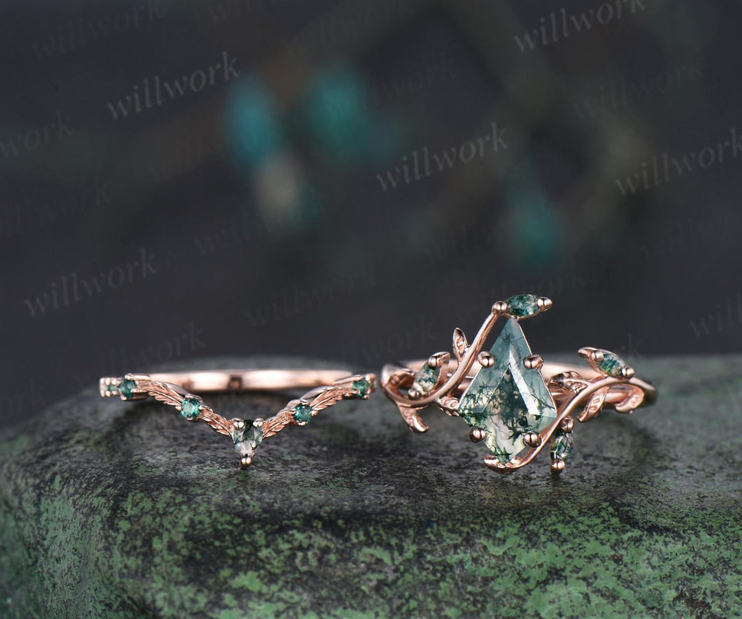 7x10mm kite shaped natural moss agate ring rose gold leaf nature inspired engagement wedding ring set emerald bridal set women
