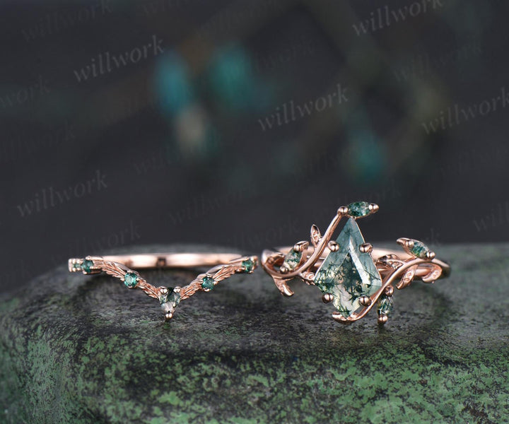 7x10mm kite shaped natural moss agate ring rose gold leaf nature inspired engagement wedding ring set emerald bridal set women