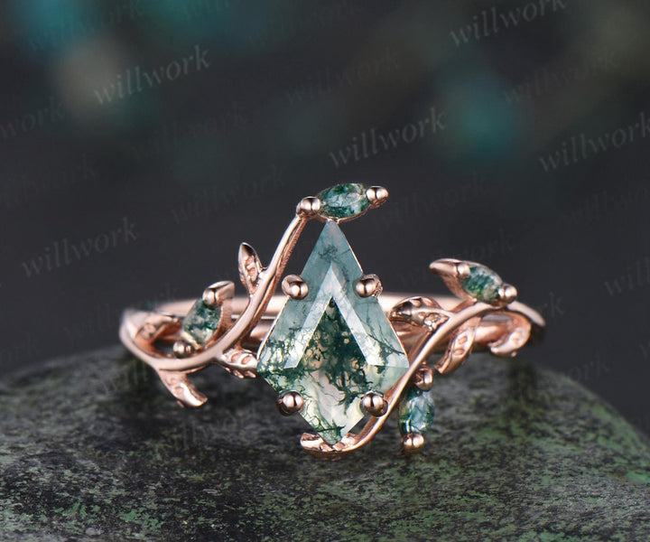 7x10mm kite shaped natural moss agate ring rose gold leaf nature inspired engagement wedding ring set emerald bridal set women