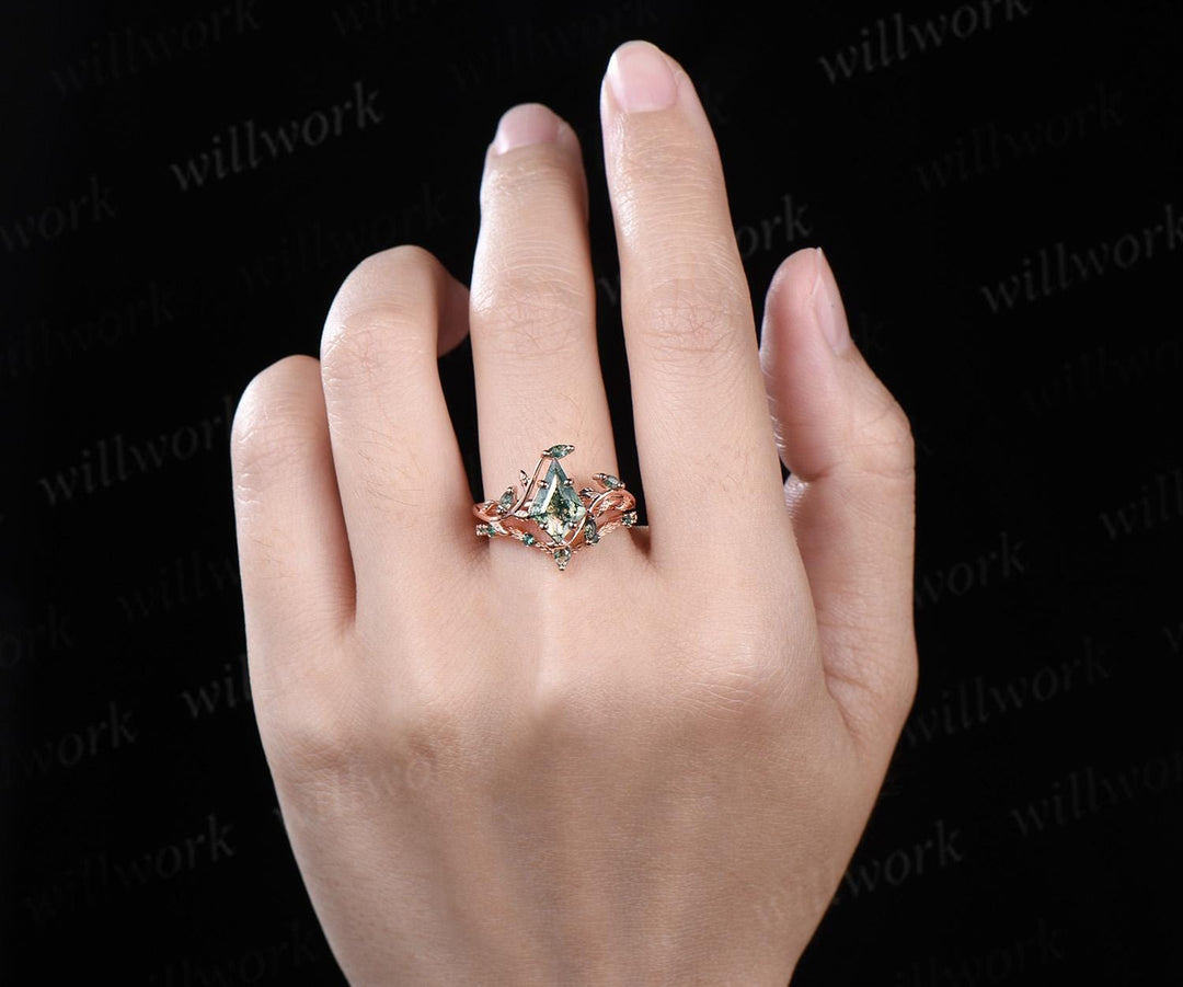 7x10mm kite shaped natural moss agate ring rose gold leaf nature inspired engagement wedding ring set emerald bridal set women