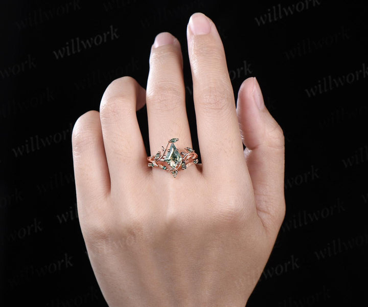 7x10mm kite shaped natural moss agate ring rose gold leaf nature inspired engagement wedding ring set emerald bridal set women