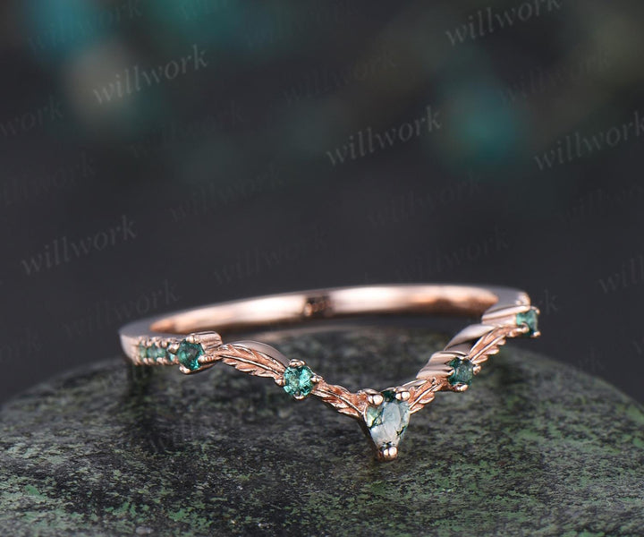 Vintage pear moss agate emerald wedding band solid 14k rose gold art deco leaf nature inspired stacking bridal anniversary ring women gift