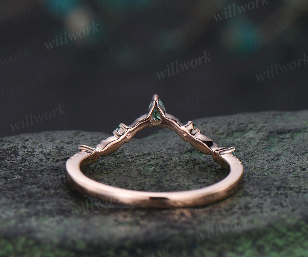 Vintage pear moss agate emerald wedding band solid 14k rose gold art deco leaf nature inspired stacking bridal anniversary ring women gift