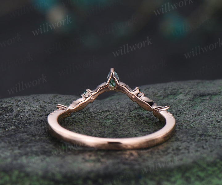 Vintage pear moss agate emerald wedding band solid 14k rose gold art deco leaf nature inspired stacking bridal anniversary ring women gift
