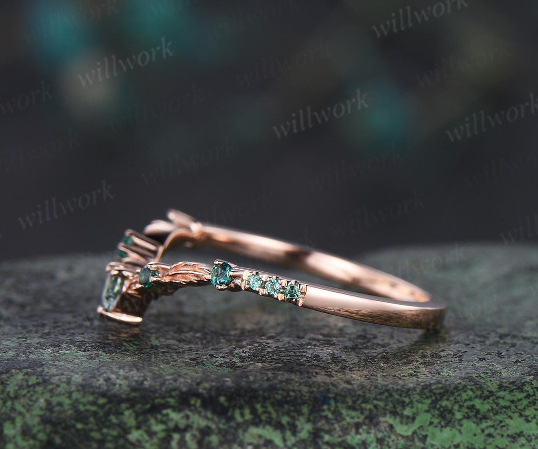 Vintage pear moss agate emerald wedding band solid 14k rose gold art deco leaf nature inspired stacking bridal anniversary ring women gift
