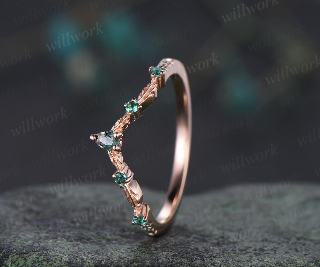 Vintage pear moss agate emerald wedding band solid 14k rose gold art deco leaf nature inspired stacking bridal anniversary ring women gift
